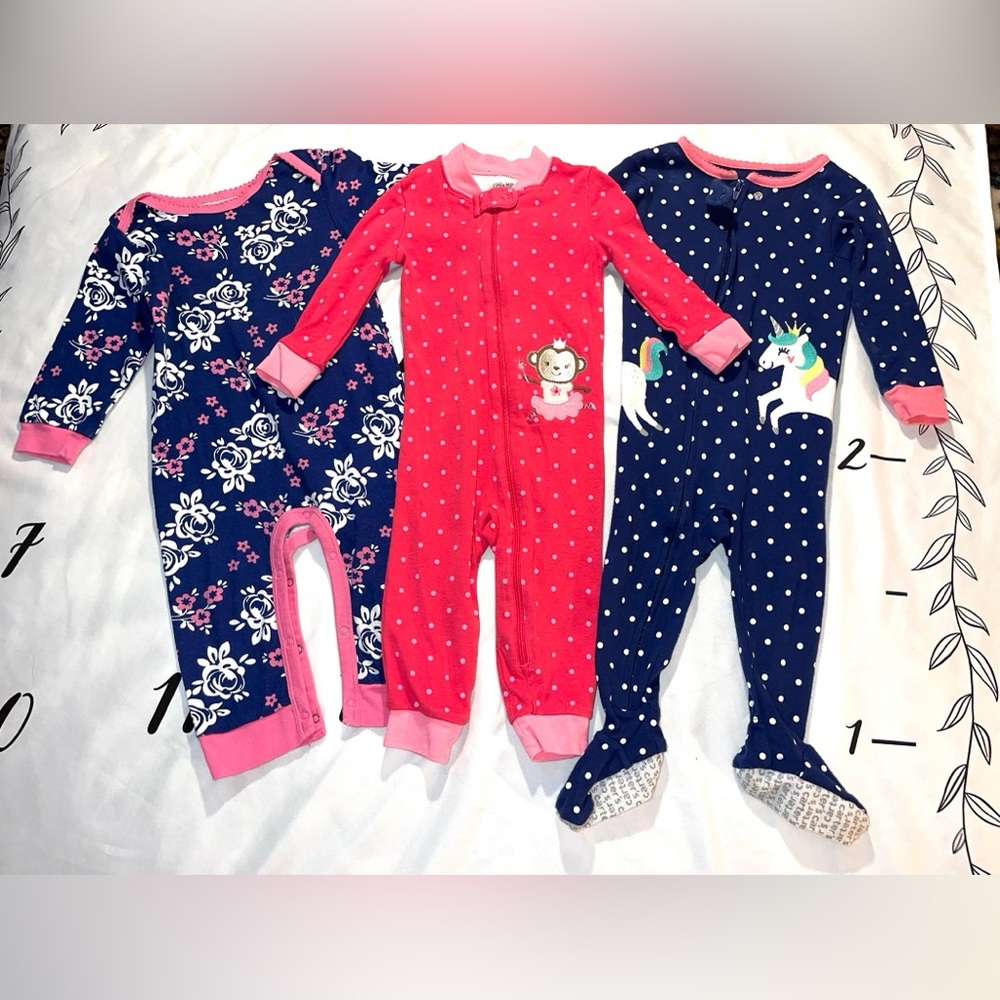 Bundle Of 3 Sleep N Play.  Garber, Little Me And Carters Blue Has One Spot.